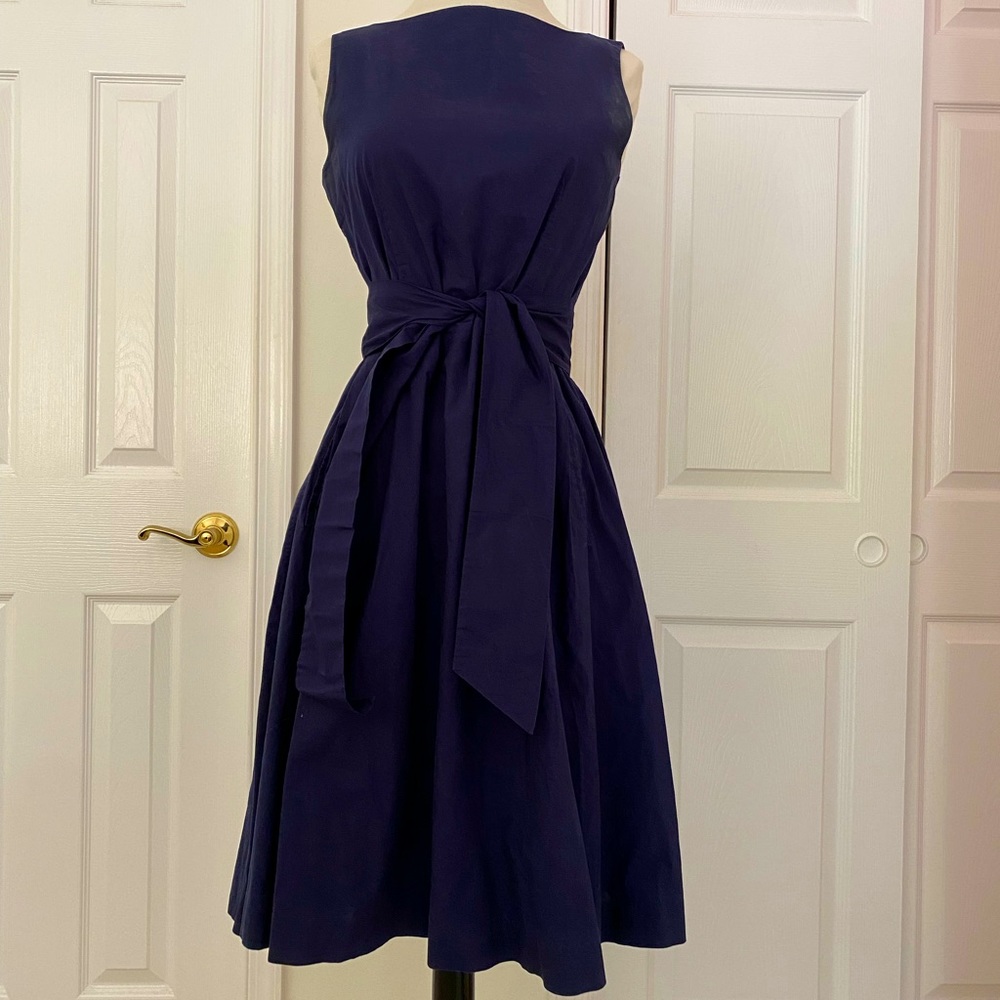 LL Bean Signature Chambray Dress with Removable Tie - Navy Blue Poplin - 2 - Picture 4 of 13